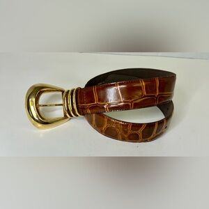 VTG Jacqueline Ferrar Split Leather Man-made Lining Belt From Italy Cognac/Gold